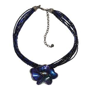 Chicos Flower Statement Necklace Beaded Enamel Pendant Blue Black Multi Strand